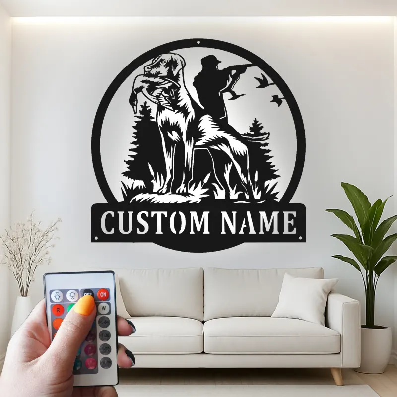 Insegna in metallo personalizzata per cani da caccia | Arte da parete LED Labrador Retriever | Regalo personalizzato per cacciatori per decorare la baita