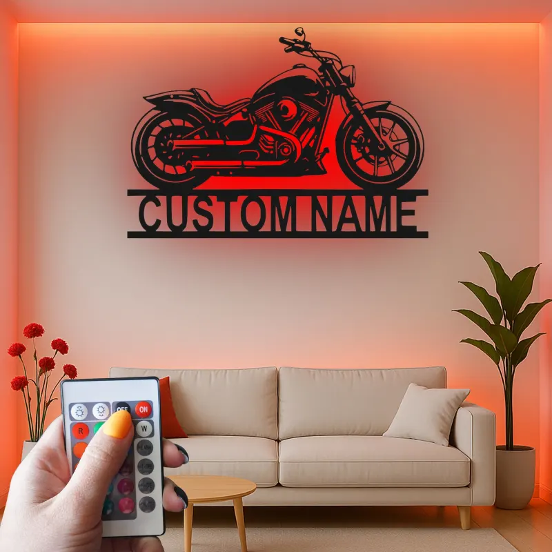 Cruiser Motorcycle LED Sign | Custom Name Metal Wall Art | Personalized Biker Gift for Garage Decor