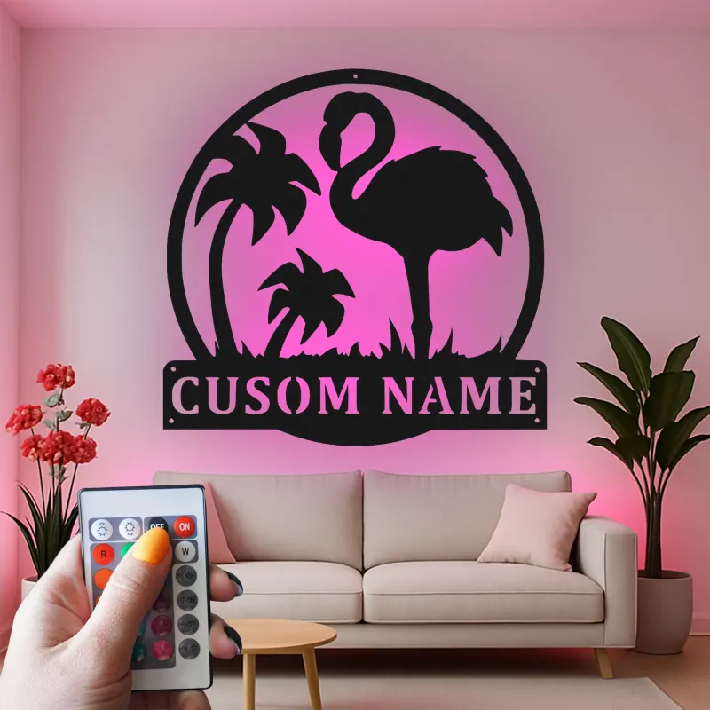 Cartel LED de flamenco personalizado | Arte mural de metal personalizado | Decoración tropical para patio y salón