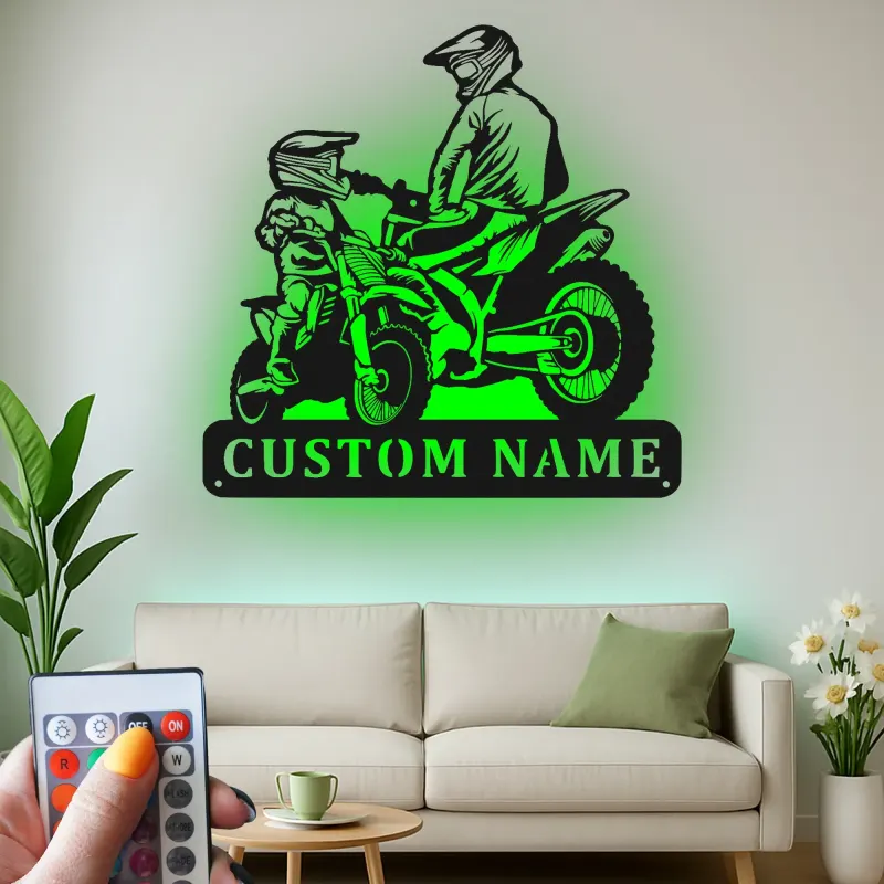 Custom Motocross Riders Led Light Metal Wall Art Personalized Gift for Dirt Bike Enthusiasts Man Cave Decor
