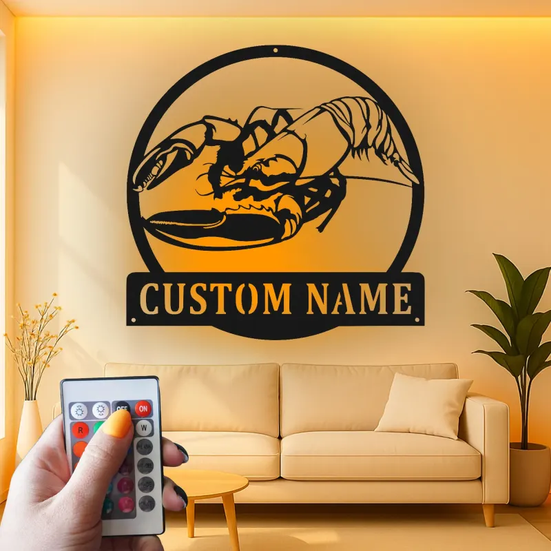 Insegna in metallo LED personalizzata con aragosta | Decorazione per cucina costiera personalizzata | Arte murale per casa al mare e regalo per pescatori