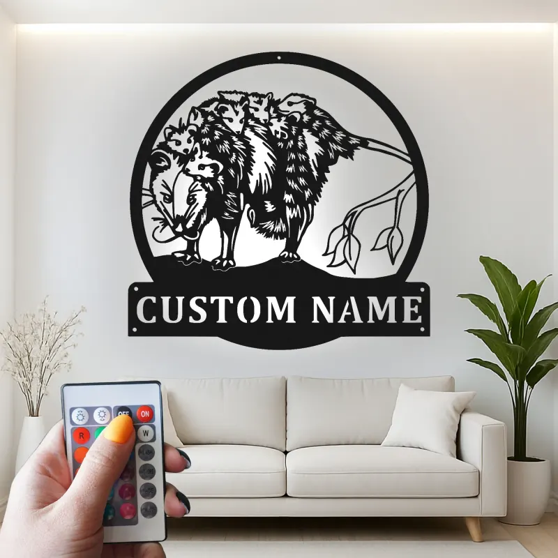 Opossum LED Metallschild | Personalisierte Wildtier-Dekoration aus Virginia | Geschenk für Naturfreunde | Rustikales Cabin-Dekor