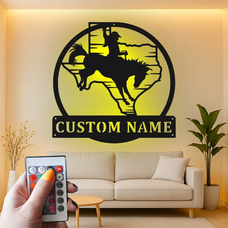 Panneau Métal Personnalisé Rodeo | Art Murale LED Cowboy du Texas | Décor Western Personnalisé pour Maison de Ranch ou Cadeau