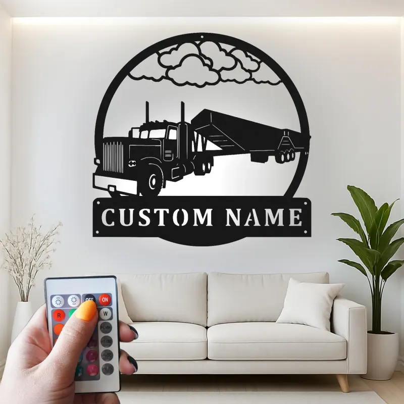 Insegna in Metallo per Camion Semi Personalizzata | Arte Murale LED per Garage o Man Cave | Regalo Personalizzato per Camionisti | Decorazione Silhouette Hauler
