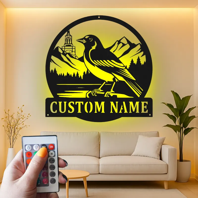 Custom Magpie Mountain Scene Led Light Metal Wall Art Personalized Nature Lover Gift Rustic Home Decor