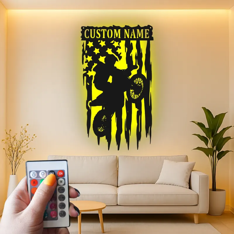 Personalized Motocross Metal Art | LED Dirt Bike American Flag Sign | Custom Name Wall Decor for Teen Boy Bedroom or Garage Gift