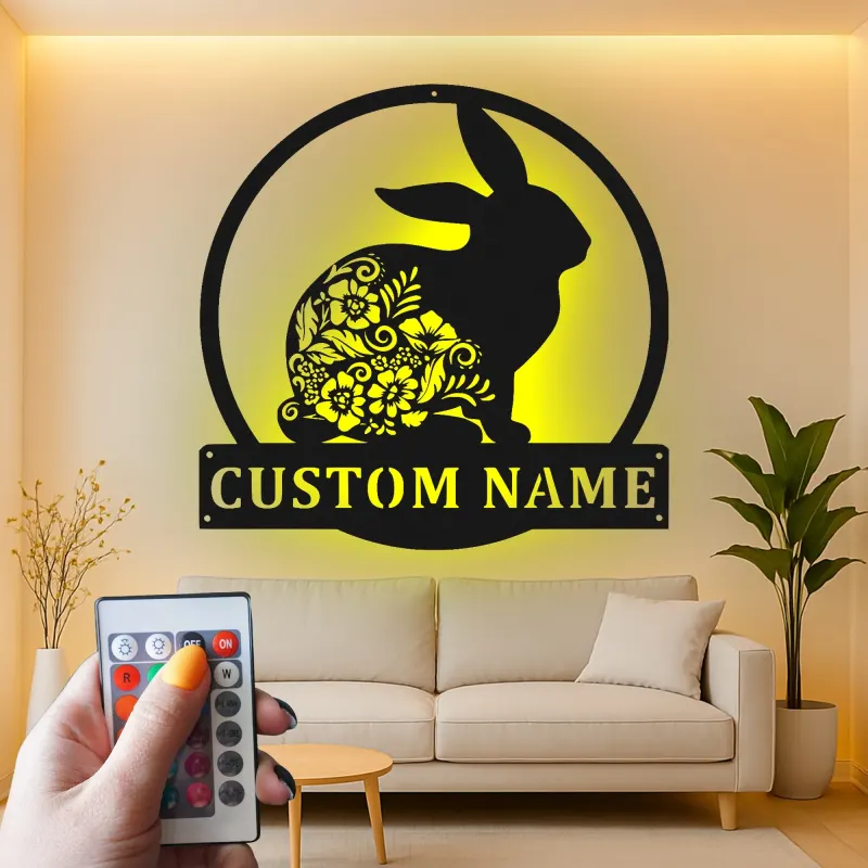 Insegna in metallo floreale con coniglio | Arte murale LED con nome personalizzato | Decorazione per cameretta con coniglietto | Regalo personalizzato per chi ama i conigli