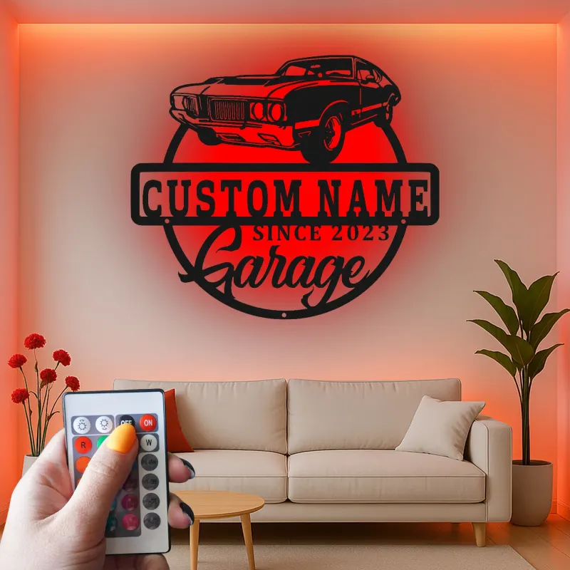 Insegna in metallo personalizzata con luce LED per auto classiche - Regalo per lui, decorazione automobilistica per man cave