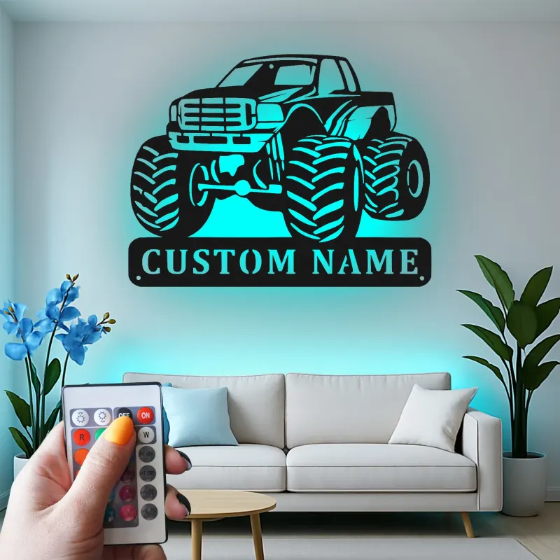 Insegna in Metallo Monster Truck Personalizzata | Luce LED da Parete Personalizzata per Stanza dei Bambini | Decorazione Veicolo Fuoristrada | Regalo per Ragazzi