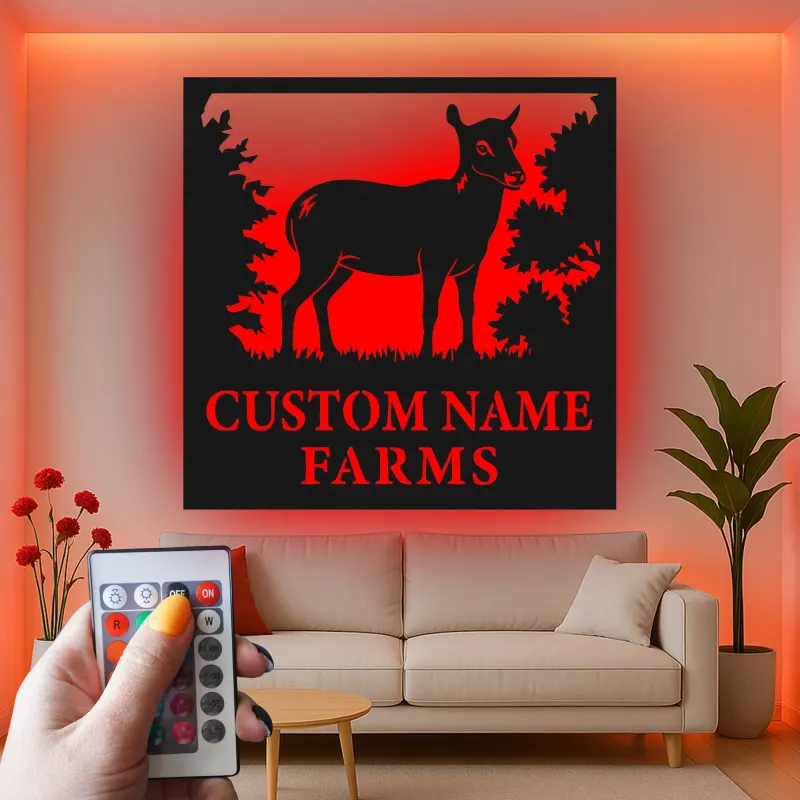 Insegna in metallo personalizzata con luce LED per fattoria di cervi - Regalo personalizzato per proprietari di fattorie, decorazione rustica per esterni