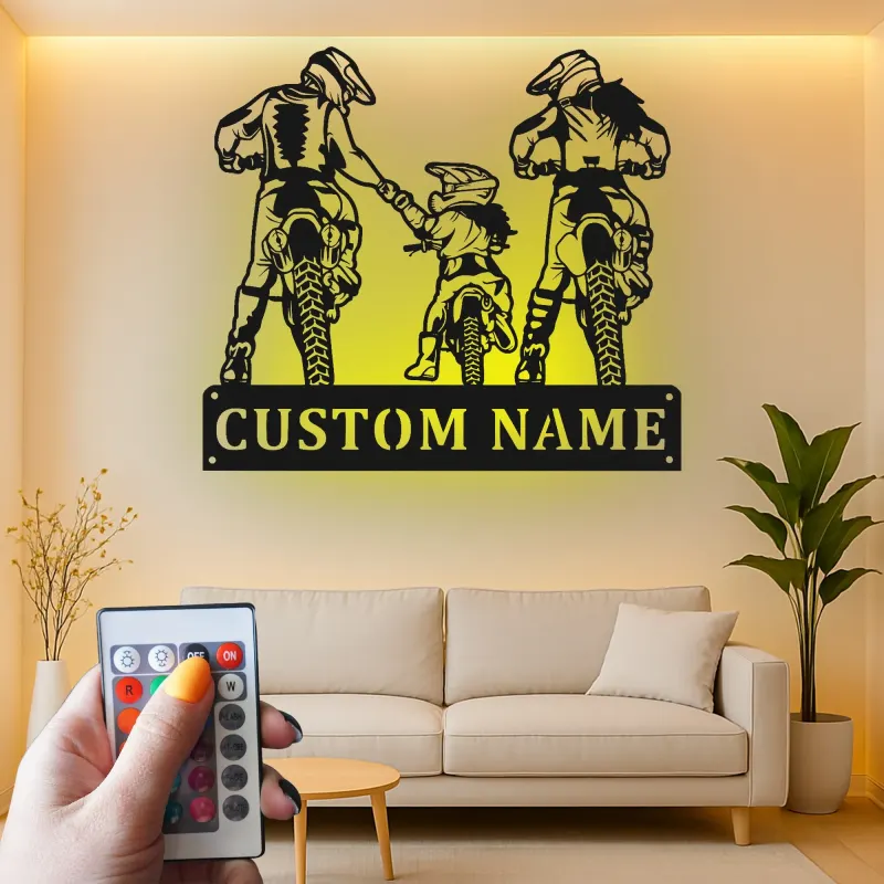 Décoration murale en métal personnalisée pour la famille Motocross avec rétroéclairage LED - Cadeau personnalisé pour les passionnés de moto tout terrain, décoration de garage ou de salle de jeux