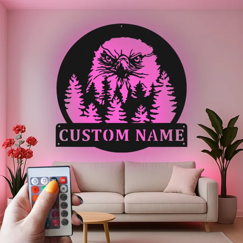 Cartel de metal LED personalizado de águila en el bosque, regalo para amantes de la naturaleza, decoración rústica de cabaña