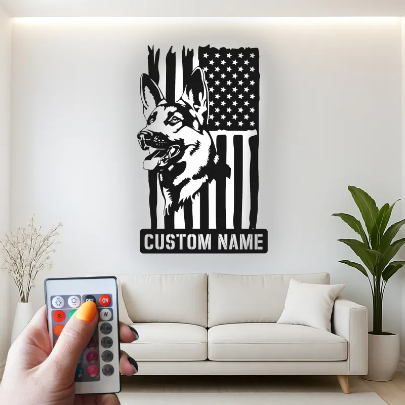Arte murale LED in metallo con Pastore Tedesco | Insegna personalizzata con nome del cane | Decorazione patriottica con bandiera americana per casa o ufficio