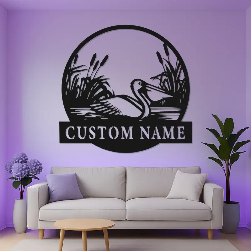 Decoración mural LED de pelícano | Cartel de metal personalizado con nombre para casas costeras | Silueta náutica de ave | Decoración para casa de playa