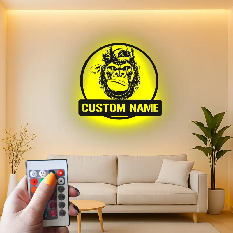 Decoración mural de metal LED con gorila | Cartel personalizado con nombre para sala de hombres | Decoración selvática y de fauna a medida para él