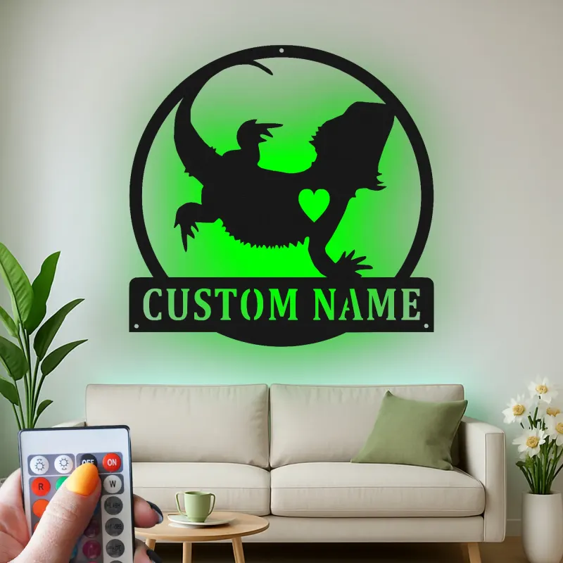 Cartel de metal personalizado con luz LED de dragón barbudo Regalo para amantes de reptiles Decoración de dormitorio o salón 2