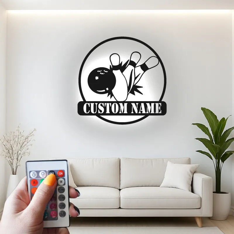 Insegna in metallo LED personalizzata con birilli da bowling - Regalo per appassionati di bowling e decorazione per sala giochi