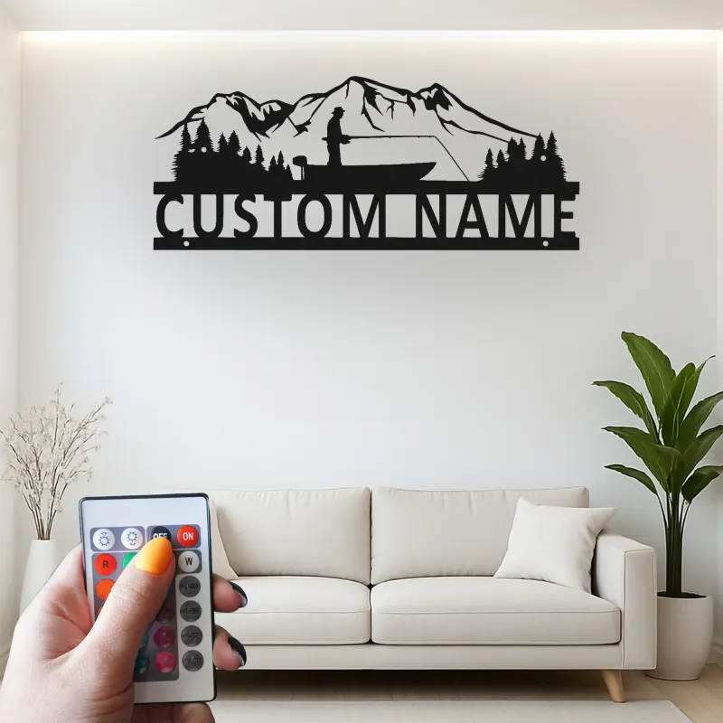 Décoration murale LED en métal pour pêcheur personnalisée | Plaque au prénom du pêcheur pour maison de lac | Cadeau pour amateur de plein air