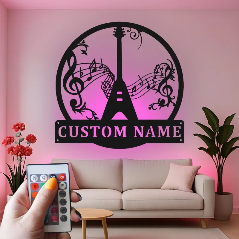 Insegna personalizzata a forma di chitarra con LED | Arte murale in metallo su misura | Decorazione per studio musicale | Regalo per musicisti e amanti della musica
