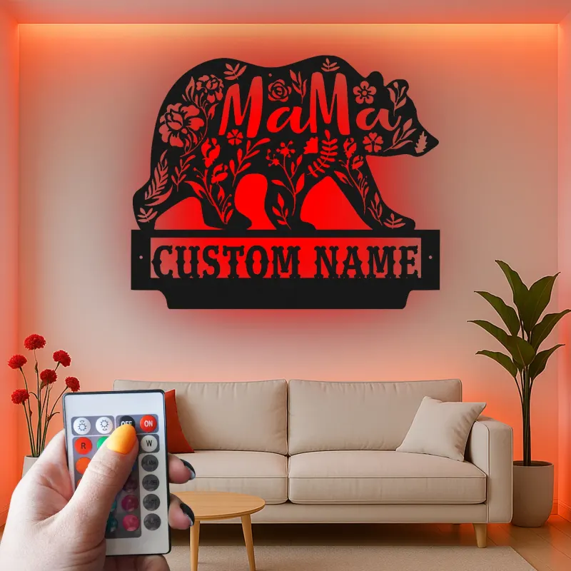 Arte mural de oso mamá | Cartel LED personalizado para cabaña de mamá | Decoración rústica de vida salvaje floral