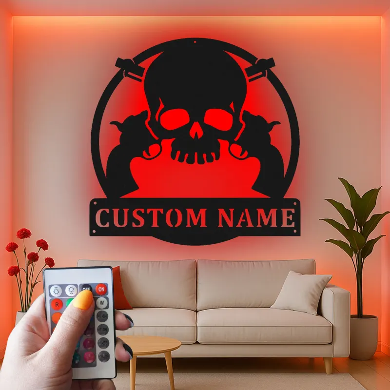 Personalized Skull & Revolvers LED Sign | Custom Metal Name Art for Man Cave | Western Gunslinger Wall Decor for Him