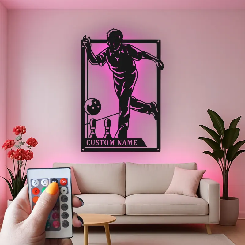 Insegna in metallo personalizzata con luce LED per giocatori di bowling - Regalo personalizzato per appassionati di bowling e decorazione per sale giochi
