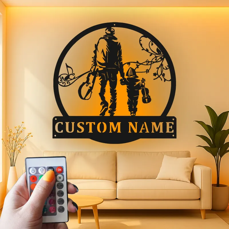 Insegna Personalizzata per Chitarra | Arte in Metallo LED per Padre e Figlio | Decorazione per Stanza Musicale | Regalo per Musicista per Papà