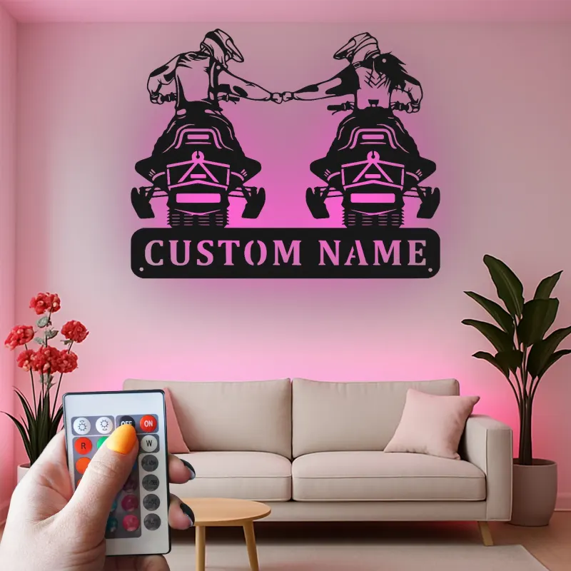 Décoration murale en métal personnalisée pour couple de motards avec rétroéclairage LED - Cadeau de motard pour couples, décoration de garage ou de man cave