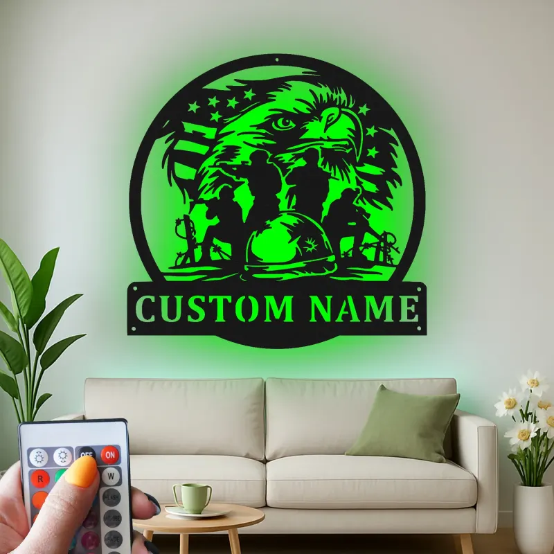 Custom Eagle Military Metal Sign | LED Lighted Veteran Wall Art | Personalized Patriotic Decor | Army Retirement Gift