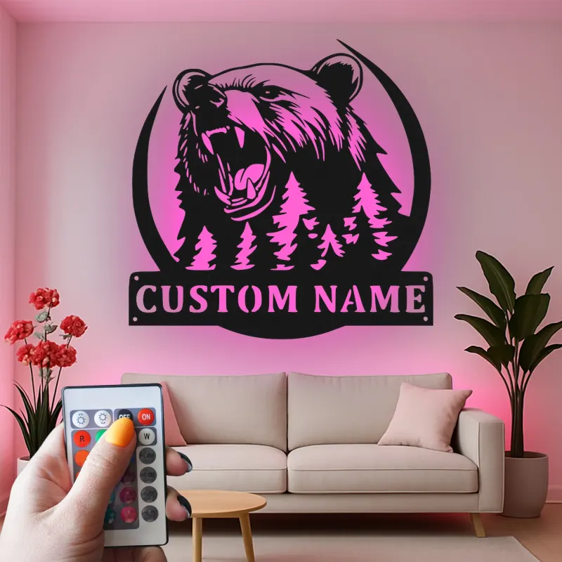 Décoration murale en métal LED personnalisée Forêt d'Ours - Cadeau pour amoureux de la nature - Décor de chalet