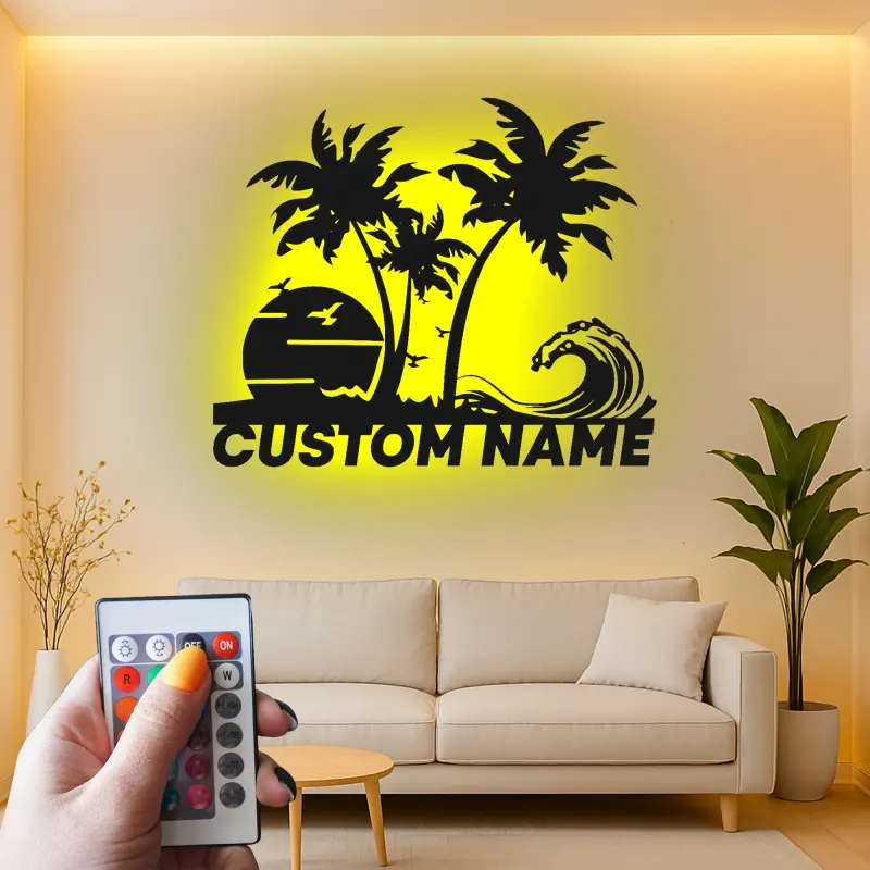 Insegna in metallo personalizzata con luce LED per scena di spiaggia - Regalo costiero personalizzato per amanti della spiaggia e decorazione tropicale