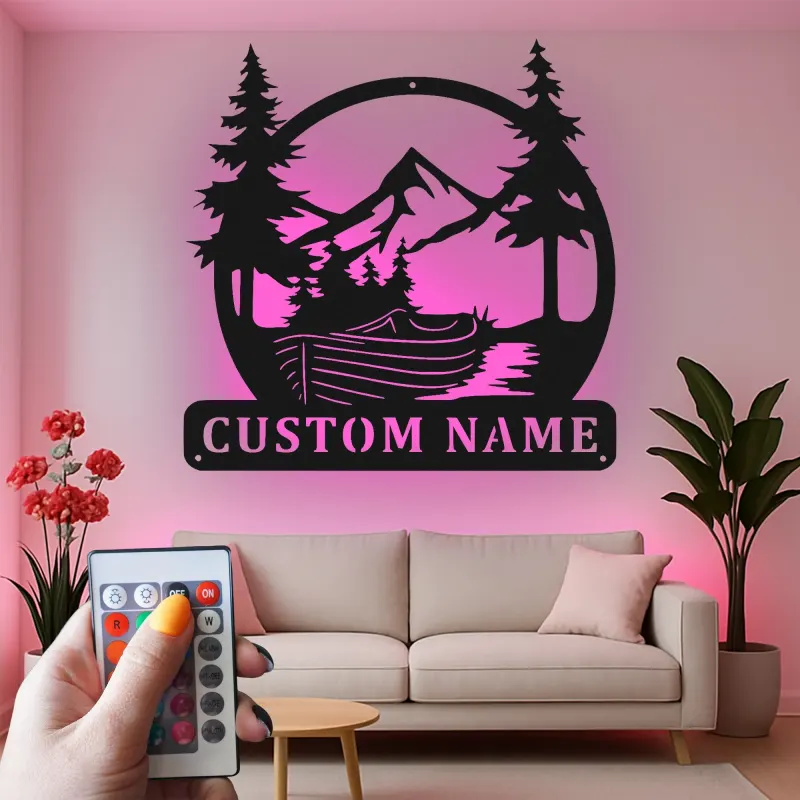 Personalized Mountain Metal Sign | LED Wall Art for Cabin Decor | Rustic Nature Scene for Lodge, Office & Home