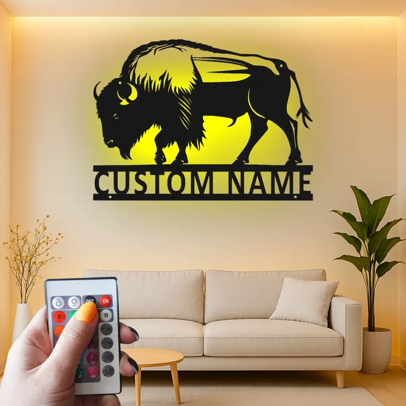 Insegna in metallo LED personalizzata con bisonte - Regalo selvatico per la casa - Decorazione rustica per soggiorno