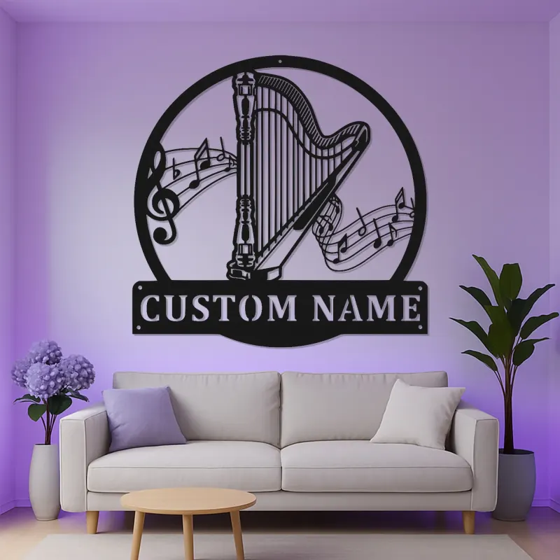 Insegna in metallo personalizzata con arpa | Decorazione LED per sala musica | Targa con nome per musicisti | Regalo per amanti dell’orchestra