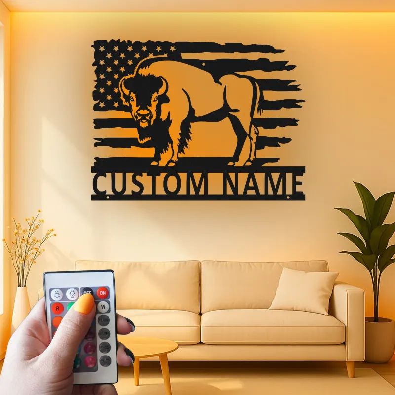 Décoration murale en métal LED personnalisée avec un bison et le drapeau américain - Cadeau patriotique pour lui, décoration rustique pour un homme