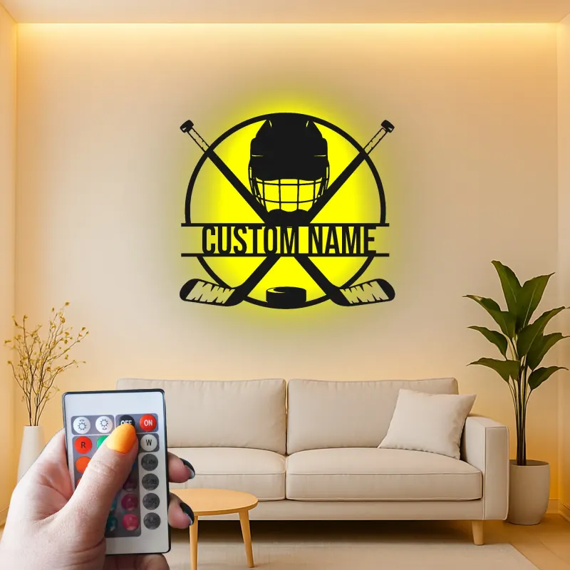 Cartel de metal personalizado de hockey | Luz LED con nombre para habitación infantil | Regalo para jugador de hockey | Decoración mural para cueva masculina