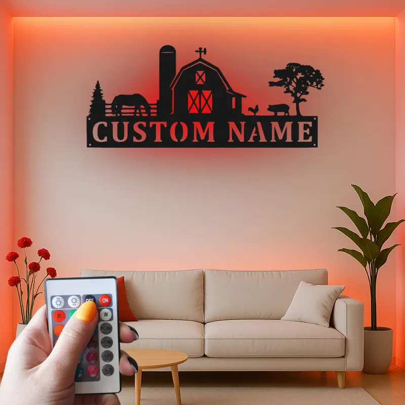 Personalized Farmhouse Sign with LED | Custom Metal Barn Art for Family Name | Rustic Country Home Decor & Farmer Gift