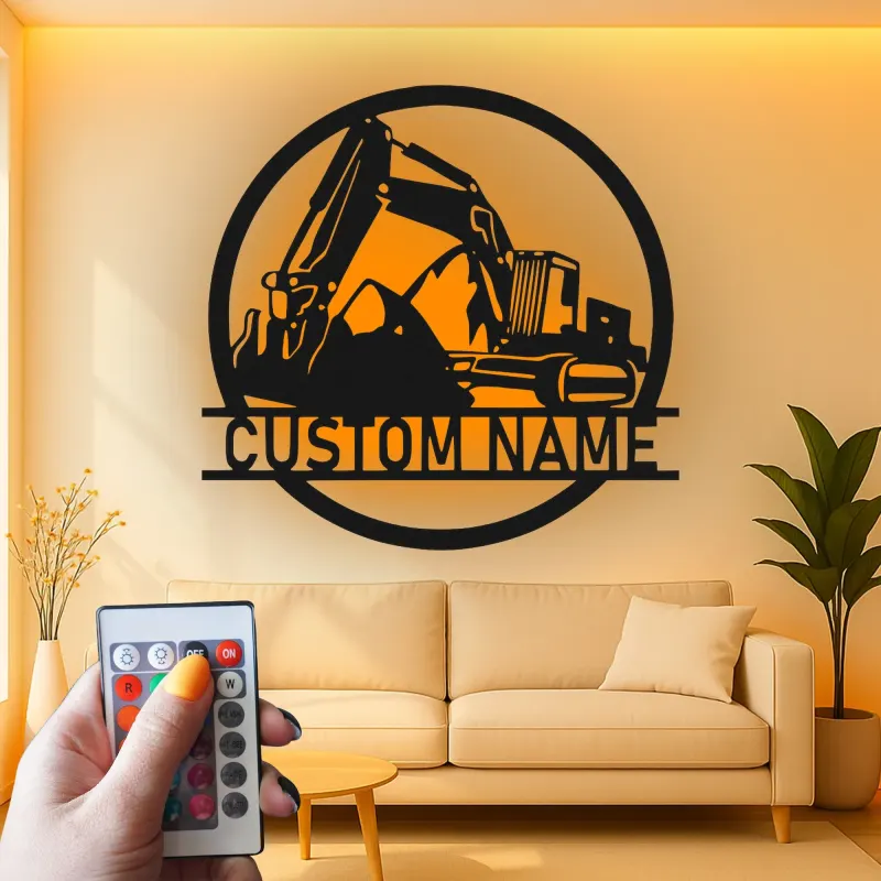 Cartel de metal LED personalizado de excavadora para regalo de construcción para él, decoración de garaje u oficina 1