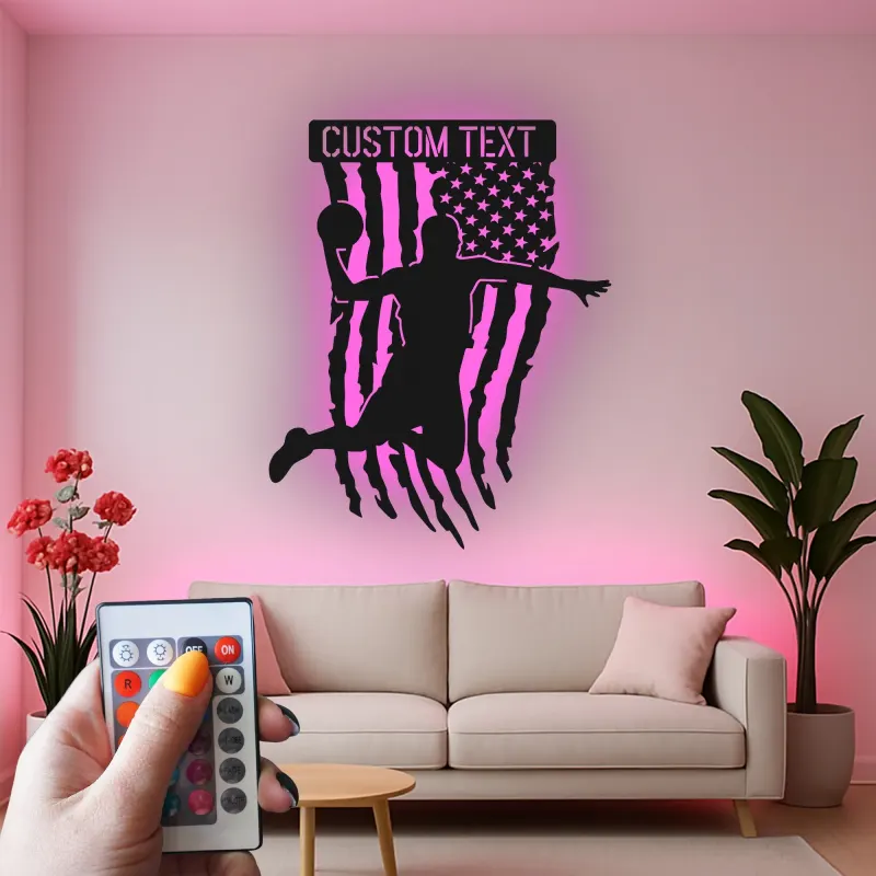 Insegna LED in metallo personalizzata per basket | Arte murale sportiva patriottica | Regalo personalizzato per atleta | Decorazione camera ragazzi