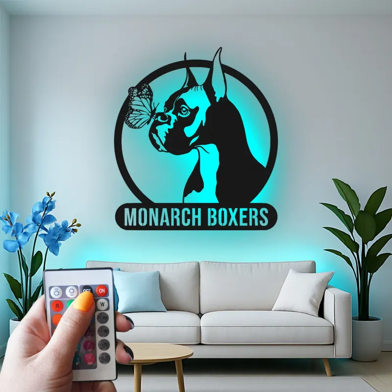 Insegna in metallo personalizzata con cane Boxer e farfalla luce LED regalo unico per amanti dei cani decorazione per soggiorno