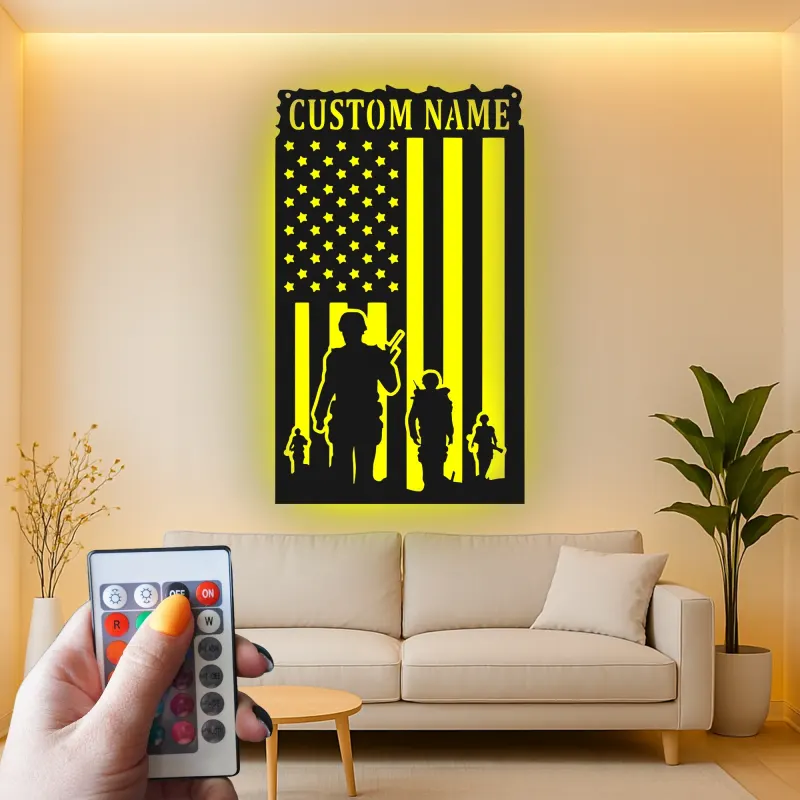 Personalized Soldier Metal Flag | Custom Army Name Sign for Veteran | Patriotic LED Wall Art & Military Decor