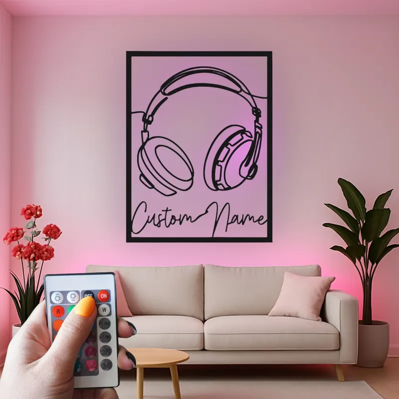 Insegna LED cuffie personalizzata | Decorazione murale in metallo su misura per studio musicale | Decor con nome per DJ | Idea regalo per musicista