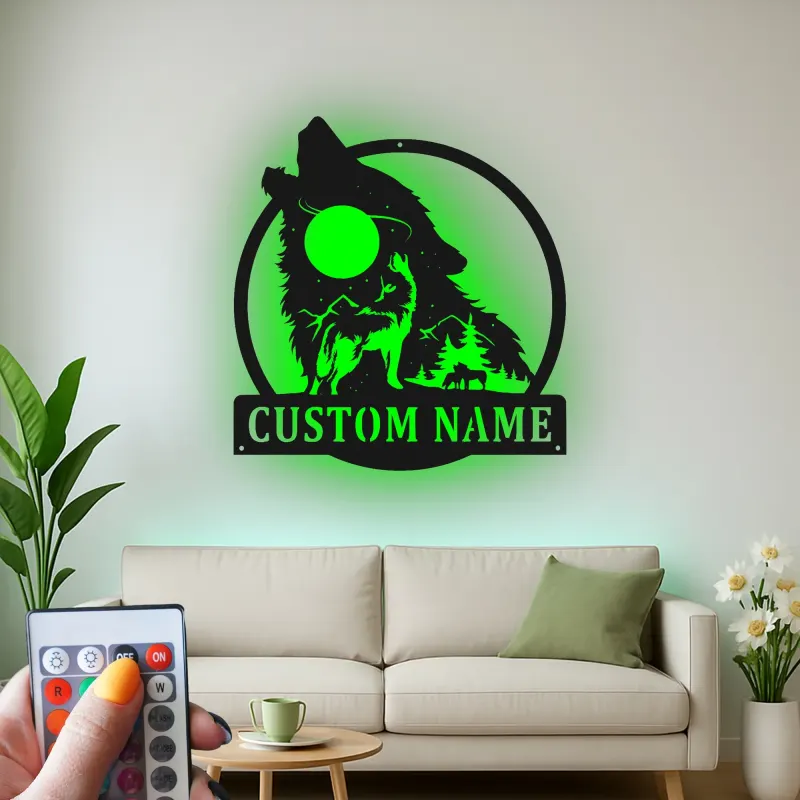 Custom Wolf Howling Led Light Metal Wall Art Personalized Gift for Nature Lovers Rustic Cabin Decor