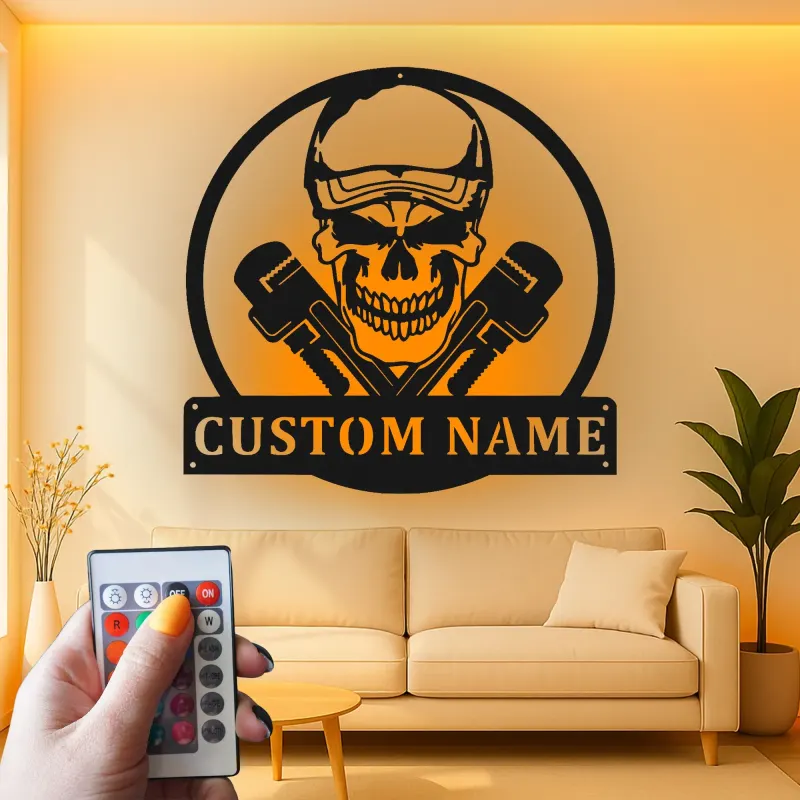 Insegna LED Teschio Idraulico | Decorazione Garage Personalizzata per Uomini | Arte da Parete con Nome Personalizzato per Officina | Luce Industriale per Man Cave