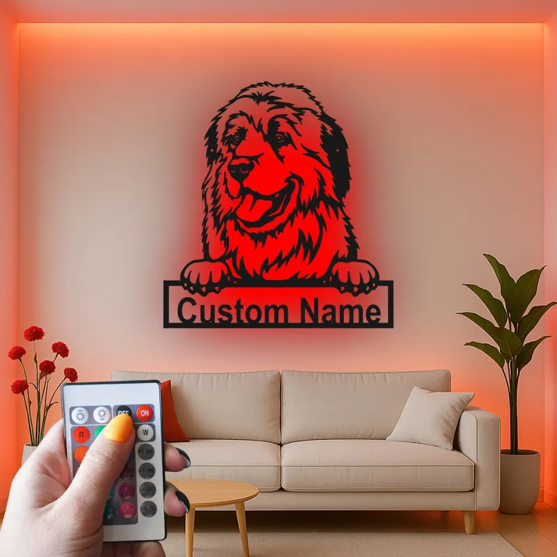 Cartel de metal personalizado con luz LED de perro de Terranova, regalo para padres de mascotas, decoración de salón de perros