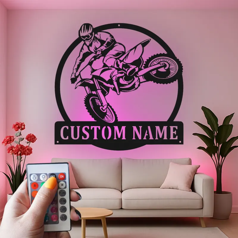 Insegna in Metallo Motocross | Arte da Parete LED Personalizzata per Moto da Cross | Nome Personalizzato per Garage o Camera da Letto di Adolescenti