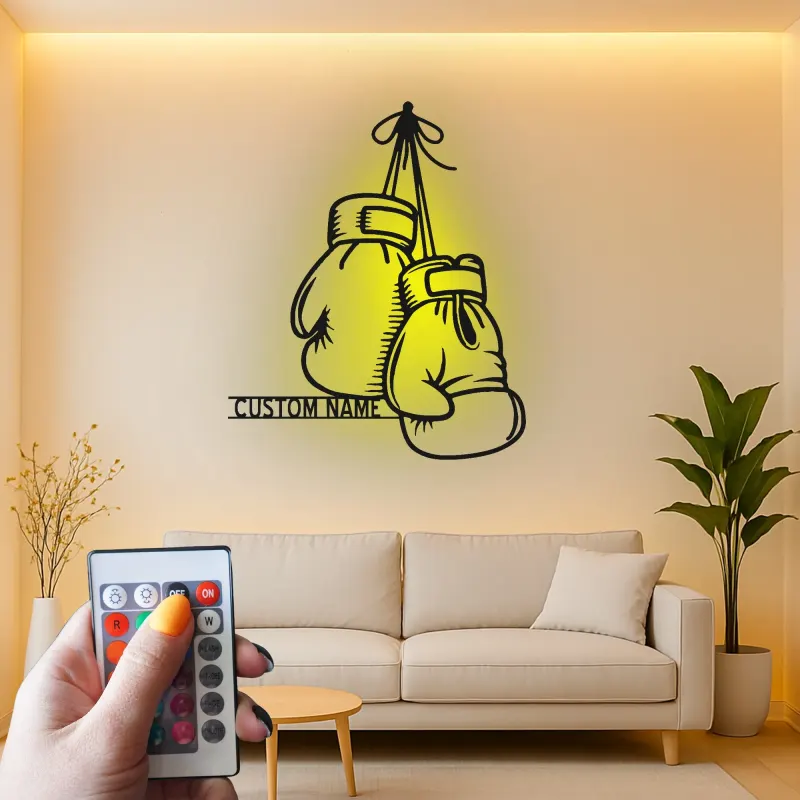 Insegna in metallo personalizzata con guantoni da boxe e luce LED - Regalo personalizzato per pugili, palestra o decorazione per angolo dedicato 1