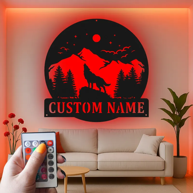 Custom Wolf Mountain Scene Led Light Metal Wall Art Personalized Gift for Nature Lovers Rustic Cabin Decor