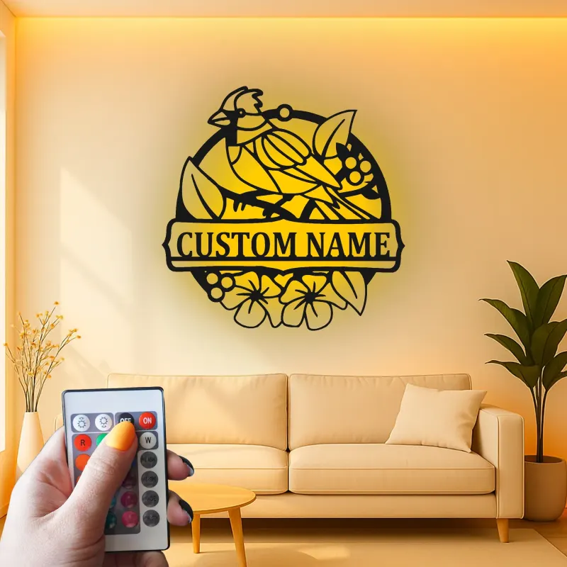Insegna in metallo personalizzata con uccello e fiori e luce LED regalo per amanti della natura decorazione per soggiorno o giardino
