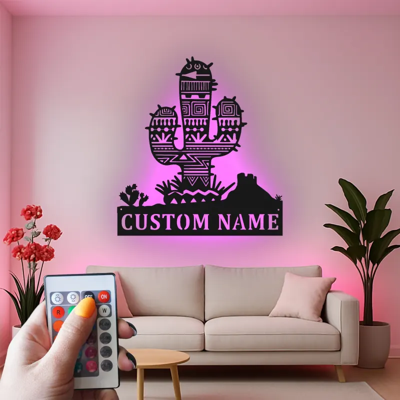 Décoration murale en métal personnalisée avec lumière LED en forme de cactus - Cadeau de décoration désert pour le salon